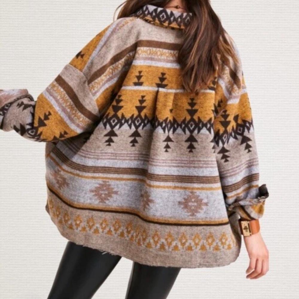 Womens Oversized Southwestern Aztec Print Shacket Jacket Mustard Brown Boho Cozy